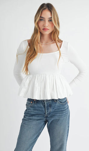 CONTRAST BUBBLE HEM LONG SLEEVE RIBbed TOP