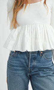 CONTRAST BUBBLE HEM LONG SLEEVE RIBbed TOP