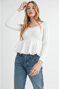CONTRAST BUBBLE HEM LONG SLEEVE RIBbed TOP